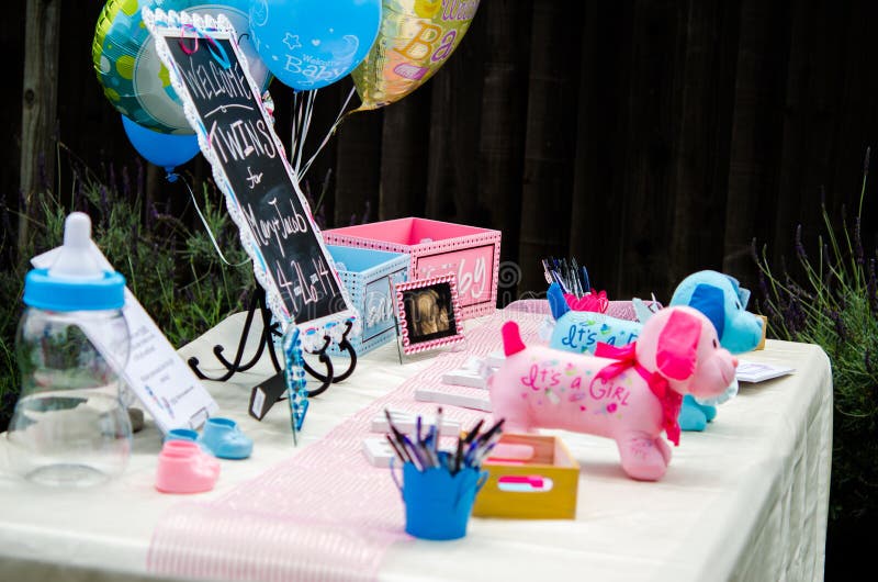 Pink and Blue, Outdoor Gender Reveal Party Decorations Stock Image
