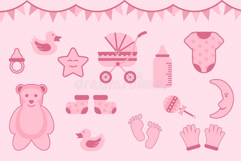 Baby showerhälsning med rosa färg med olika objekt - vektorillustration royaltyfri illustrationer Baby showerhälsning med rosa färg med olika objekt - vektorillustration royaltyfri illustrationer