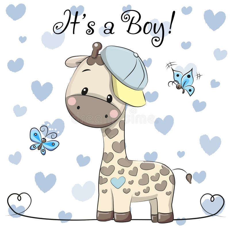 Baby showerhälsningkort med den gulliga giraffpojken stock illustrationer