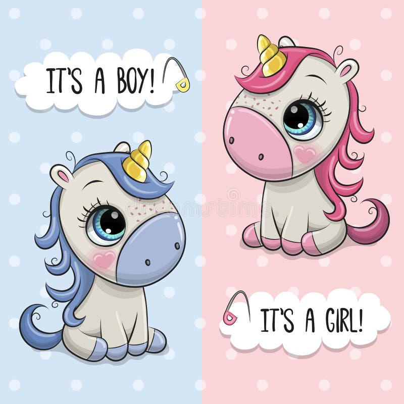 Baby showerhälsningkort med enhörningar pojke och flicka royaltyfri illustrationer Baby showerhälsningkort med enhörningar pojke och flicka royaltyfri illustrationer