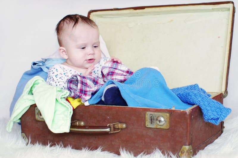 Baby Sits in an Old Suitcase Stock Image Image of babies, adorable