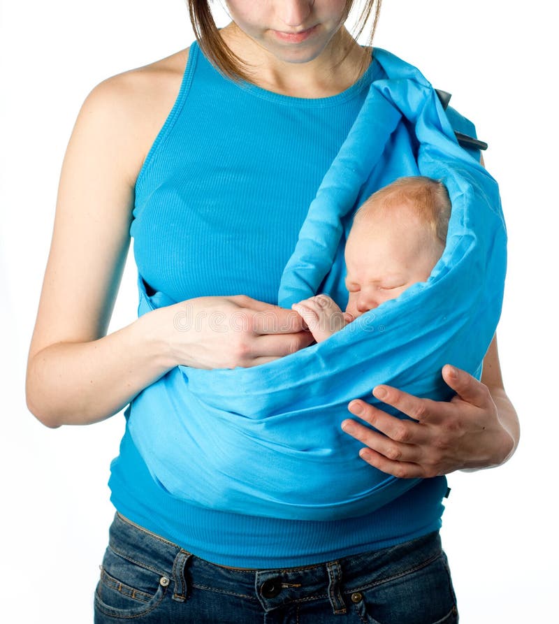 Baby sleeping in a sling isolated on white. Baby sleeping in a sling isolated on white