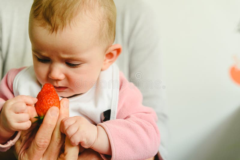Baby Starting by Tasting a Strawberry Using the Baby Led Weaning BLW