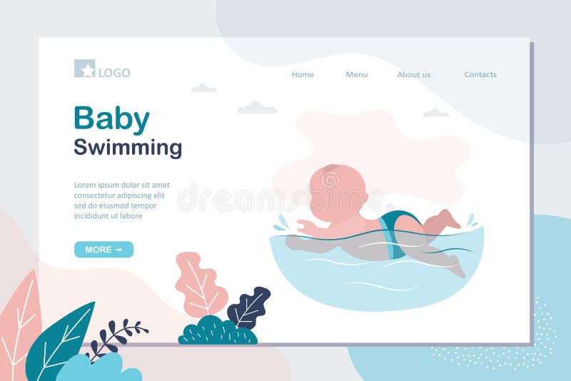 Baby swimming landing page template. Little infant child swimmer in the swimming pool