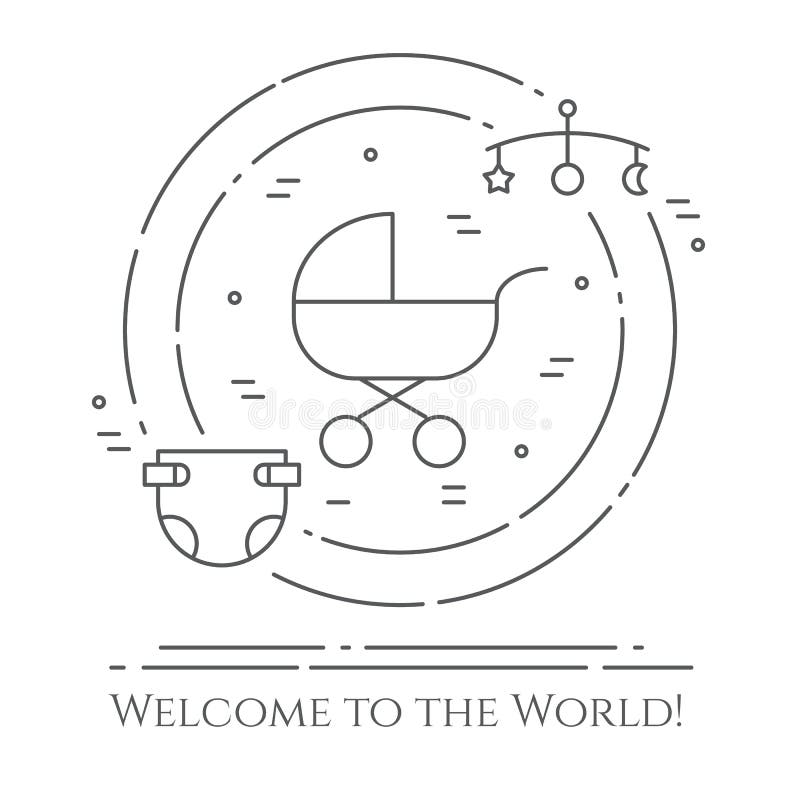 Baby theme horizontal banner. Pictograms of baby, pram, crib, mobile, toys, rattle, bottle, diaper, bathtub, cloth, bib and other vector illustration Baby theme horizontal banner. Pictograms of baby, pram, crib, mobile, toys, rattle, bottle, diaper, bathtub, cloth, bib and other vector illustration