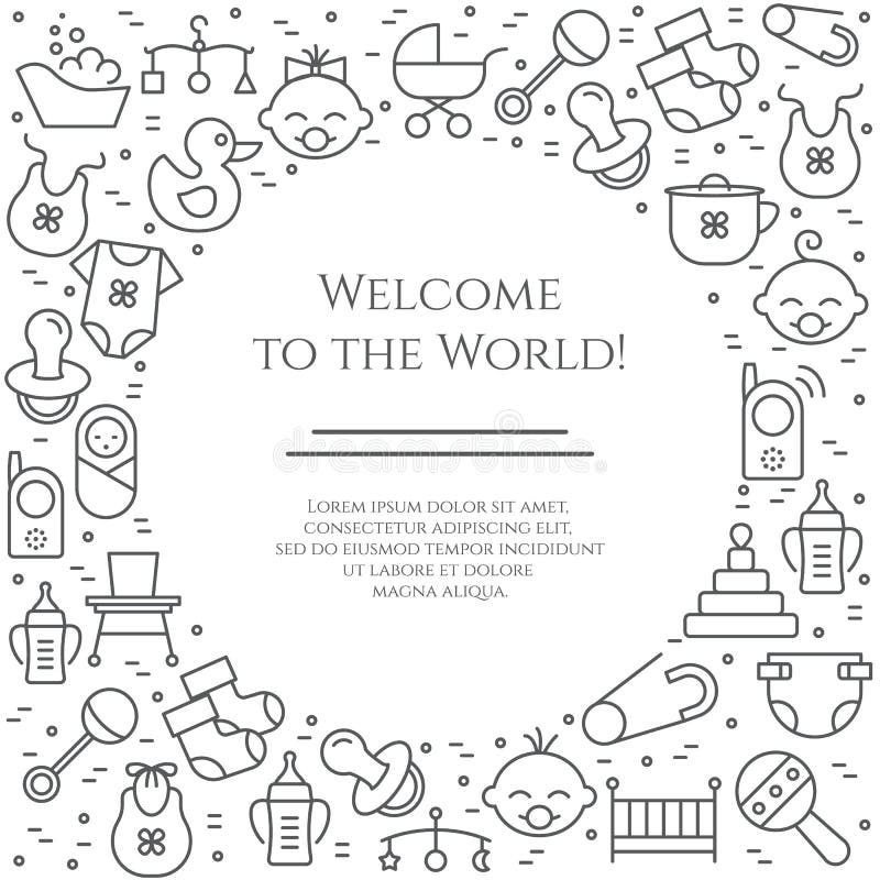 Baby theme horizontal banner. Pictograms of baby, pram, crib, mobile, toys, rattle, bottle, diaper, bathtub, cloth, bib and other royalty free illustration Baby theme horizontal banner. Pictograms of baby, pram, crib, mobile, toys, rattle, bottle, diaper, bathtub, cloth, bib and other royalty free illustration