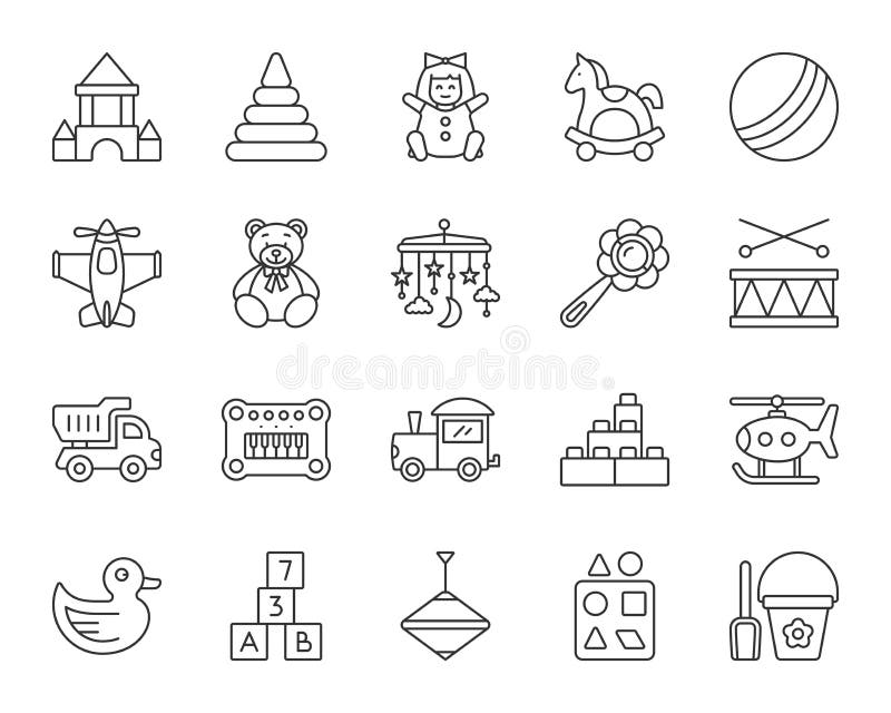 Baby Toy thin line icons set. Outline sign kit of children play. Kids Game linear icon collection includes crib hanging mobile, duck, drum. Simple baby toy symbol isolated on white Vector Illustration. Baby Toy thin line icons set. Outline sign kit of children play. Kids Game linear icon collection includes crib hanging mobile, duck, drum. Simple baby toy symbol isolated on white Vector Illustration