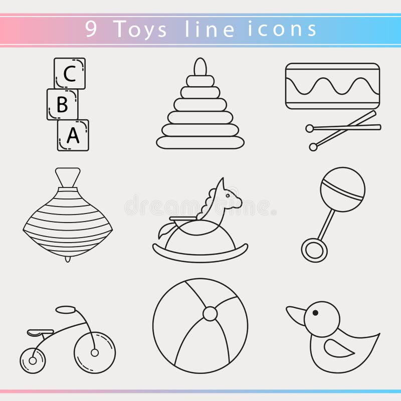 Thin line icon set of new born and baby toys. Modern funny outlined kids design for baby shower. Childhood collection â€“ blocks with letters, whirligig, bicycle, rattle, ball, duck, drum and pyramid. Thin line icon set of new born and baby toys. Modern funny outlined kids design for baby shower. Childhood collection â€“ blocks with letters, whirligig, bicycle, rattle, ball, duck, drum and pyramid.