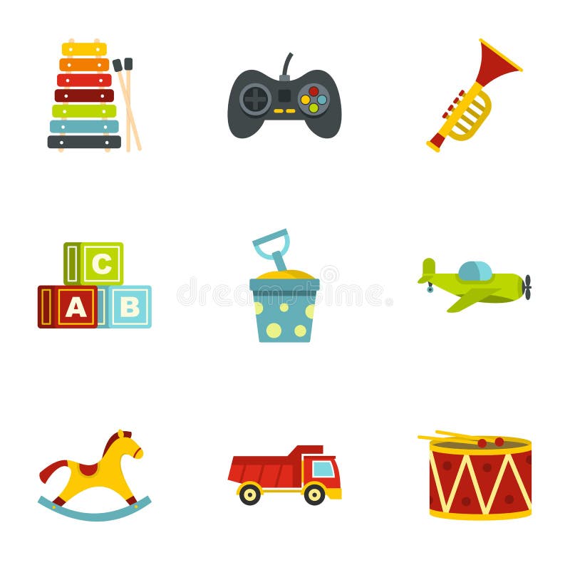 Baby Toys Icons Set, Flat Style Stock Vector Illustration of object