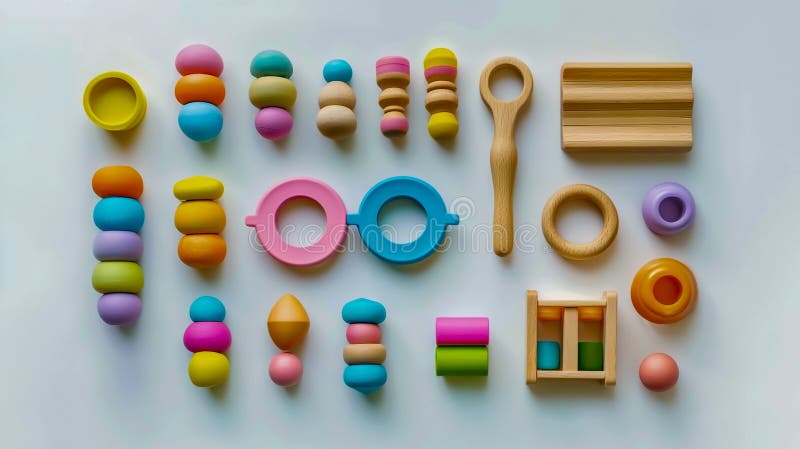 Baby toys rattles wooden teether blocks flat lay top view vector illustration