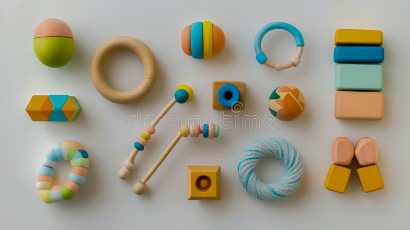 Baby toys rattles wooden teether blocks flat lay top view vector illustration
