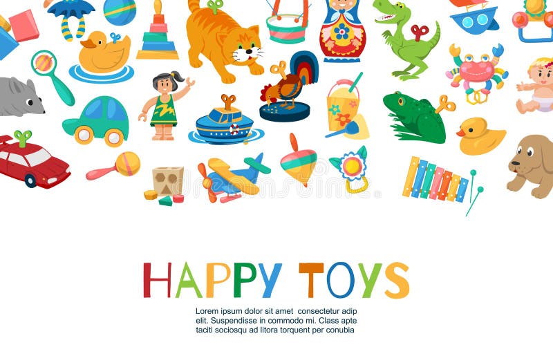 Baby toys to play vector illustration. Funny clockwork toys, ball, toy car, doll, rattles and other kids items royalty free illustration