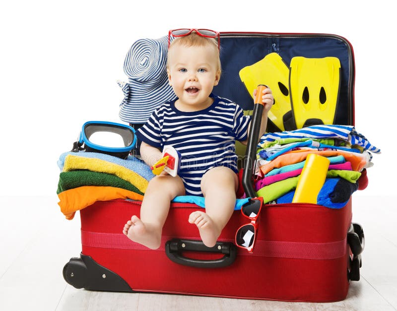 Baby in Travel Suitcase, Kid Sitting Vacation Luggage, Child