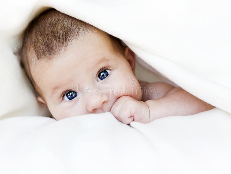 Beautiful Smiling Baby Boy Lying On Grey Blanket And 