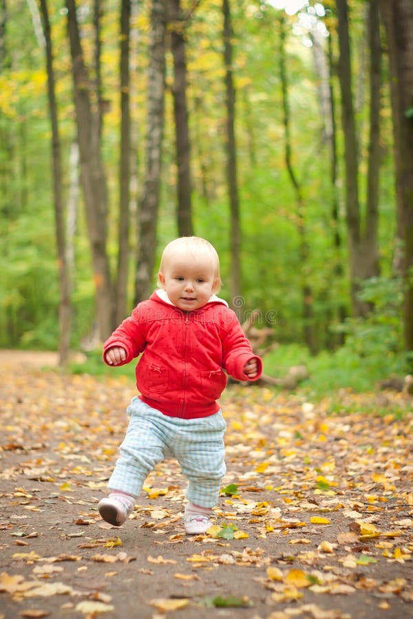 Baby walk by road in forest