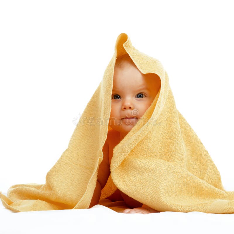 Baby in yellow towel stock photo. Image of innocent, happy - 85307532