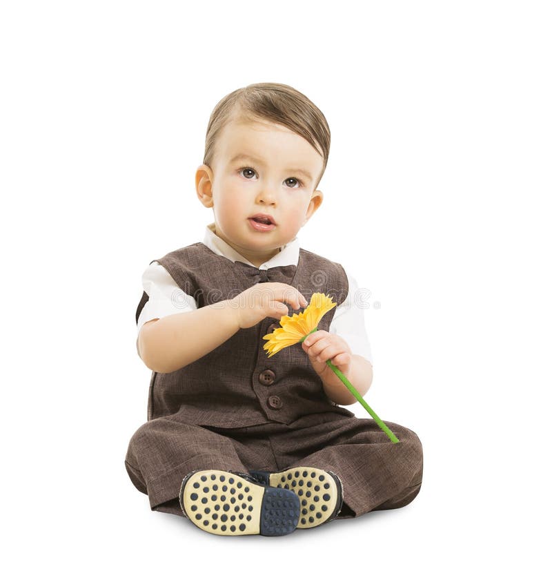 Babyjongen met Bloem, goed Gekleed Jong geitje in Kostuum Kinderen Retro Stijl, Één Éénjarigekind stock fotografie Babyjongen met Bloem, goed Gekleed Jong geitje in Kostuum Kinderen Retro Stijl, Één Éénjarigekind stock fotografie