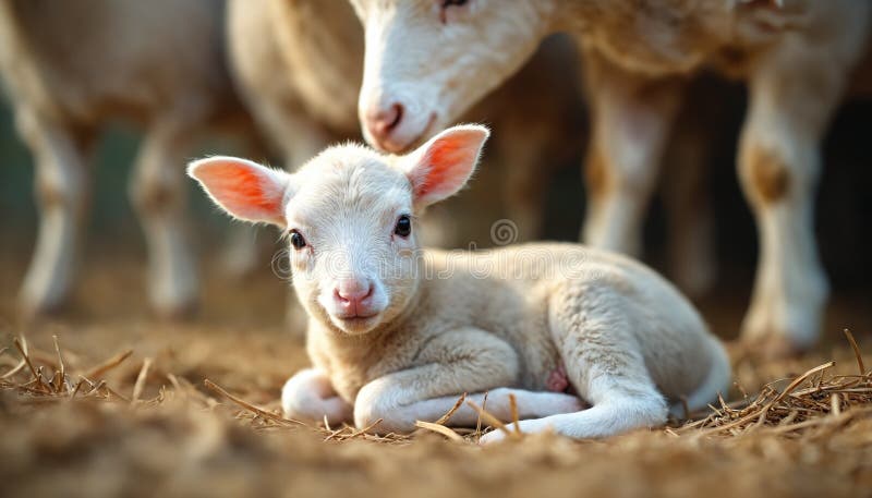 Babylamm auf Stroh mit Mutterschafen in der Nähe. stockfoto