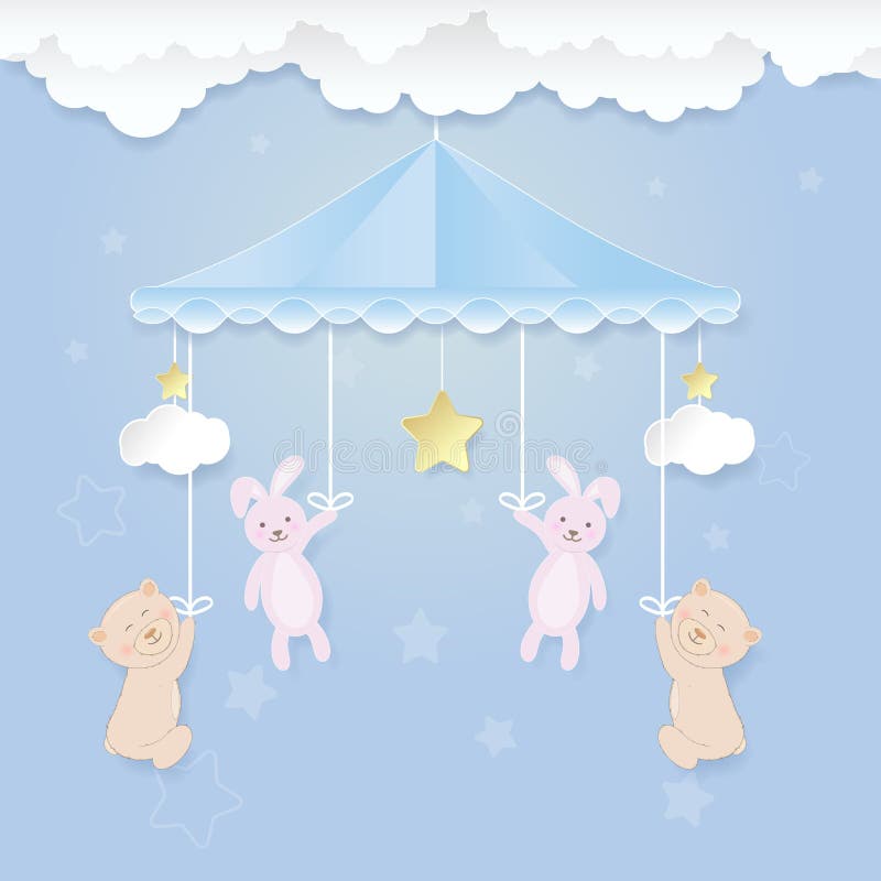 Babymobile with teddy bear, rabbit toy and cloud on blue