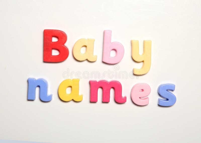 Baby names spelt in magnet letters on a plain white background. Baby names spelt in magnet letters on a plain white background