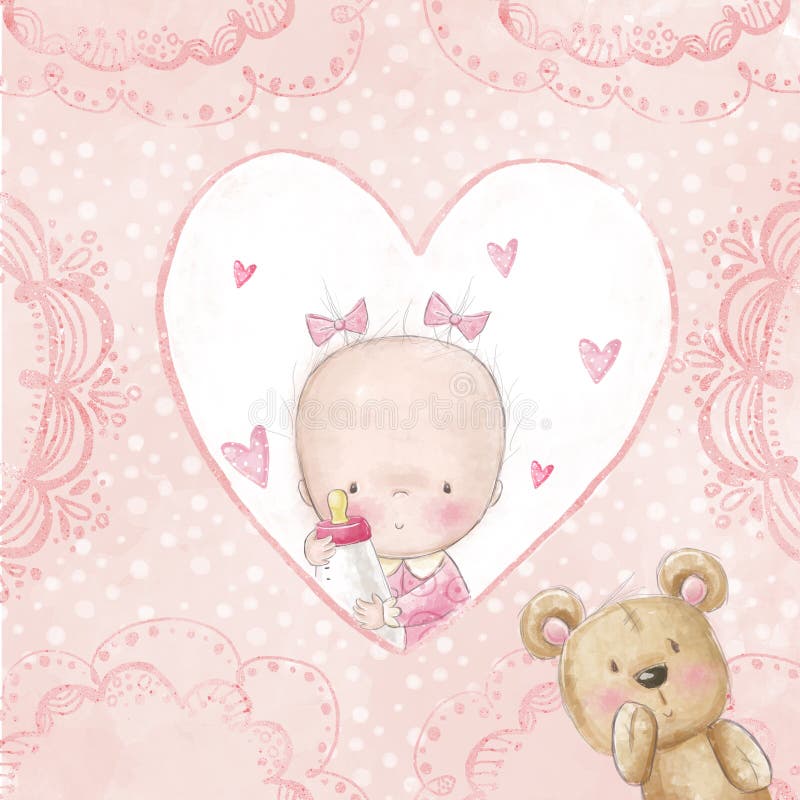 Babypartygrußkarte Baby mit Teddybären, Liebeshintergrund für Kinder Taufeeinladung Neugeborenes Kartendesign