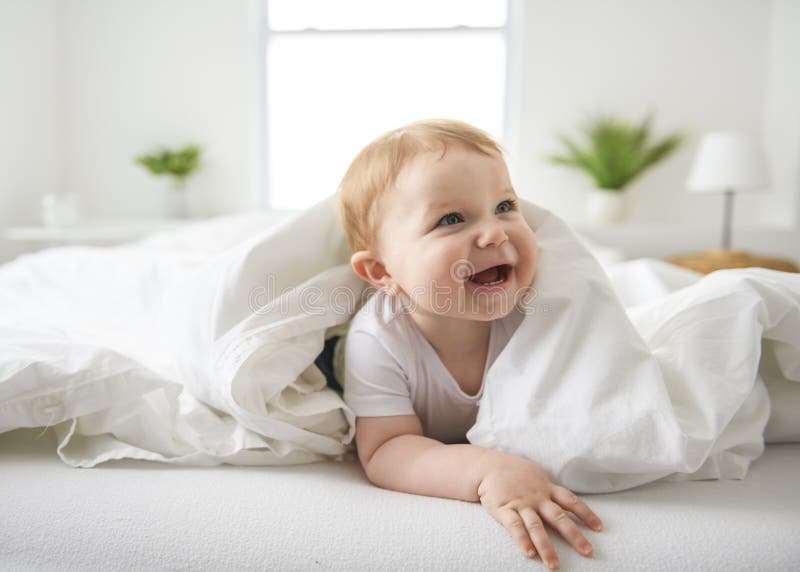 En babypojke i vitt sovrum. ett år för barns avslappning i sängen.