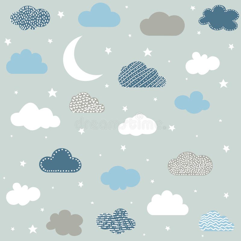 Cute baby clouds, stars, moon pattern vector seamless royalty free illustration