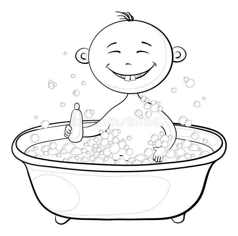 Cartoon, contours: cheerful smiling child sitting in a bath with soap and holding a bottle of shampoo. Vector. Cartoon, contours: cheerful smiling child sitting in a bath with soap and holding a bottle of shampoo. Vector.