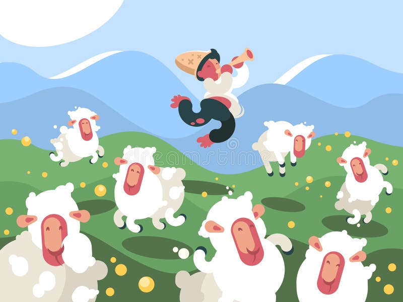 Shepherd grazes herd of sheep on green meadow. Vector illustration. Shepherd grazes herd of sheep on green meadow. Vector illustration