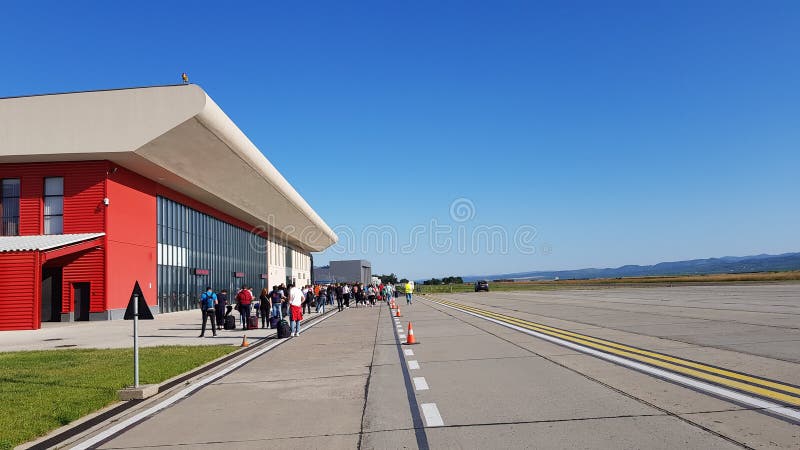 Bacau airport arrivals queue during COVID pandemic, Romania