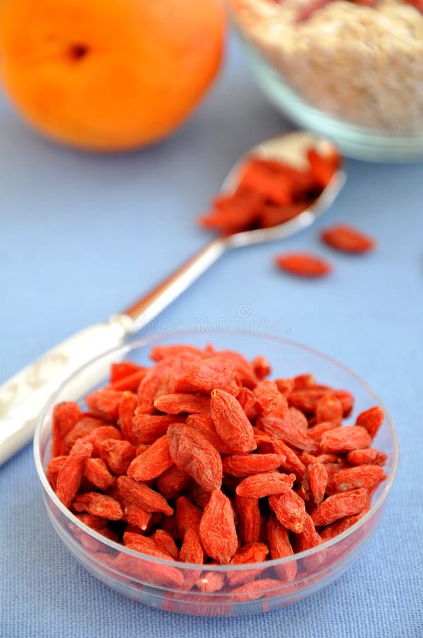 Bacche secche di goji in una ciotola immagini stock libere da diritti Bacche secche di goji in una ciotola immagini stock libere da diritti