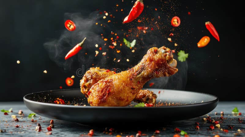 Bacchette croccanti di pollo circondate da peperoni vibranti illustrazione di stock