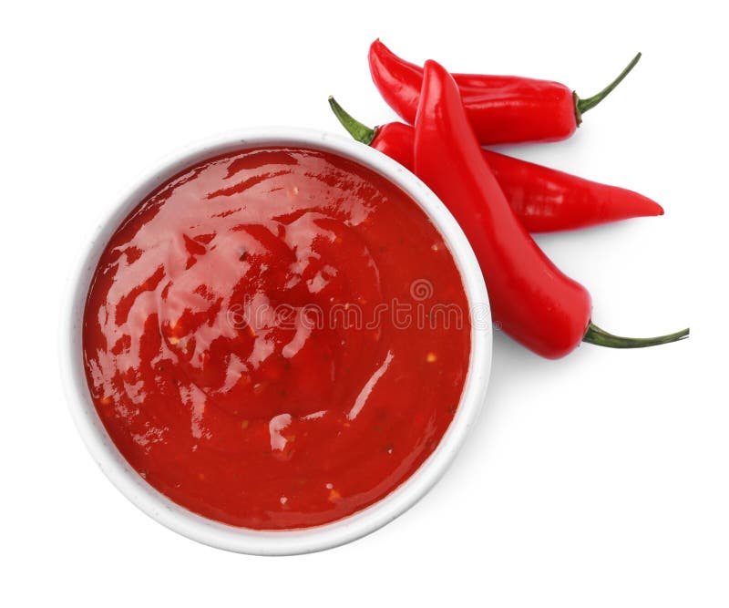Bowl with red sauce and fresh chili peppers isolated on white, top view. Bowl with red sauce and fresh chili peppers isolated on white, top view