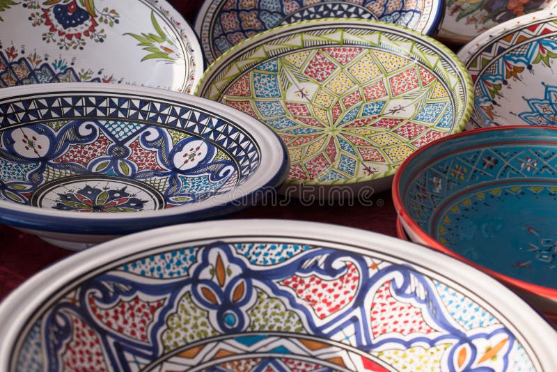 Pottery, african styled China ware at a market with different colors, Tunisia. Pottery, african styled China ware at a market with different colors, Tunisia