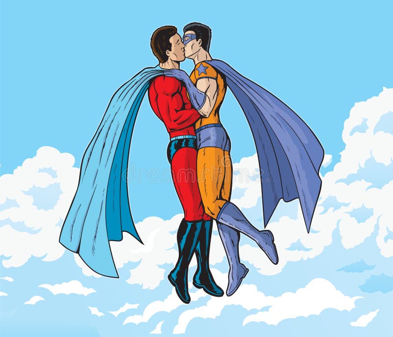 Two super hero gay lovers kissing in the sky. Two super hero gay lovers kissing in the sky