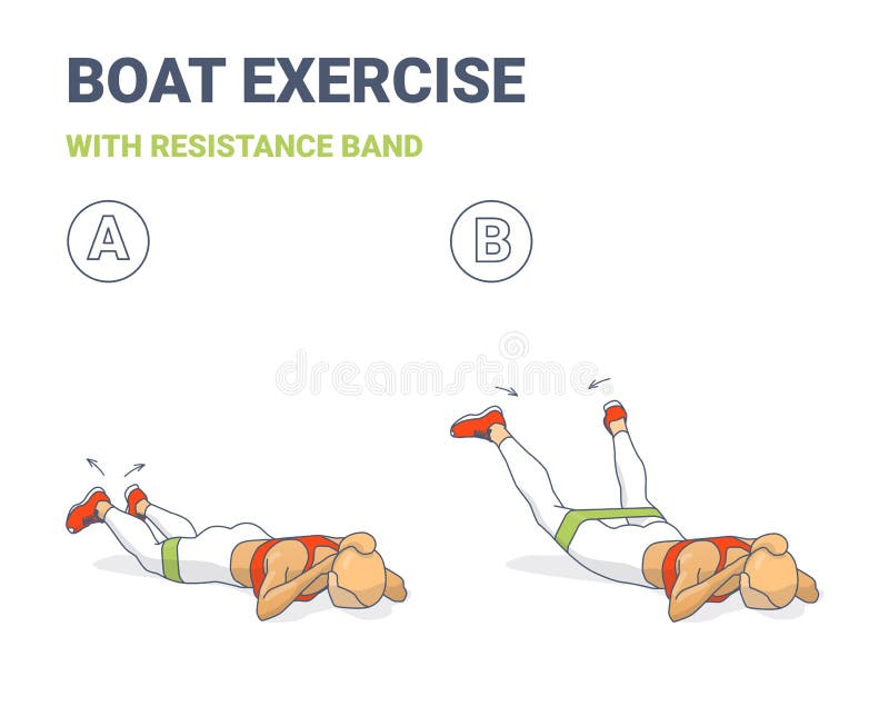 Back Boat with Resistance Band Exercise illustration. Colorful Concept of Girls Back Strength Workout with Elastic Band.