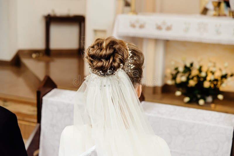 Back of Bride and Groom Sitting at Wedding Ceremony in Church, Brides  Luxury Hairstyle Stock Image - Image of cathedral, luxury: 168220655