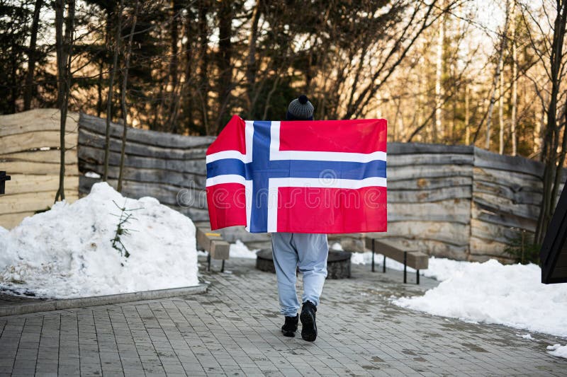 Back of Man Holding Norway Flag. Scandinavian Culture, Norwegian People ...