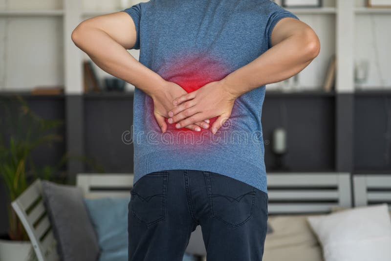 Back Pain, Kidney Inflammation, Man Suffering from Backache at Home