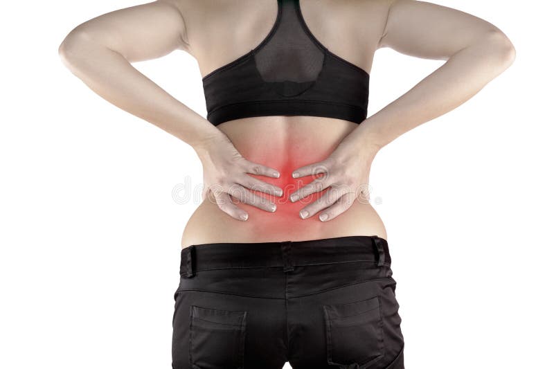 Back pain. Athletic woman in black sportswear standing and rubbing the muscles of her lower back, cropped torso portrait. Back pain. Athletic woman in black sportswear standing and rubbing the muscles of her lower back, cropped torso portrait.