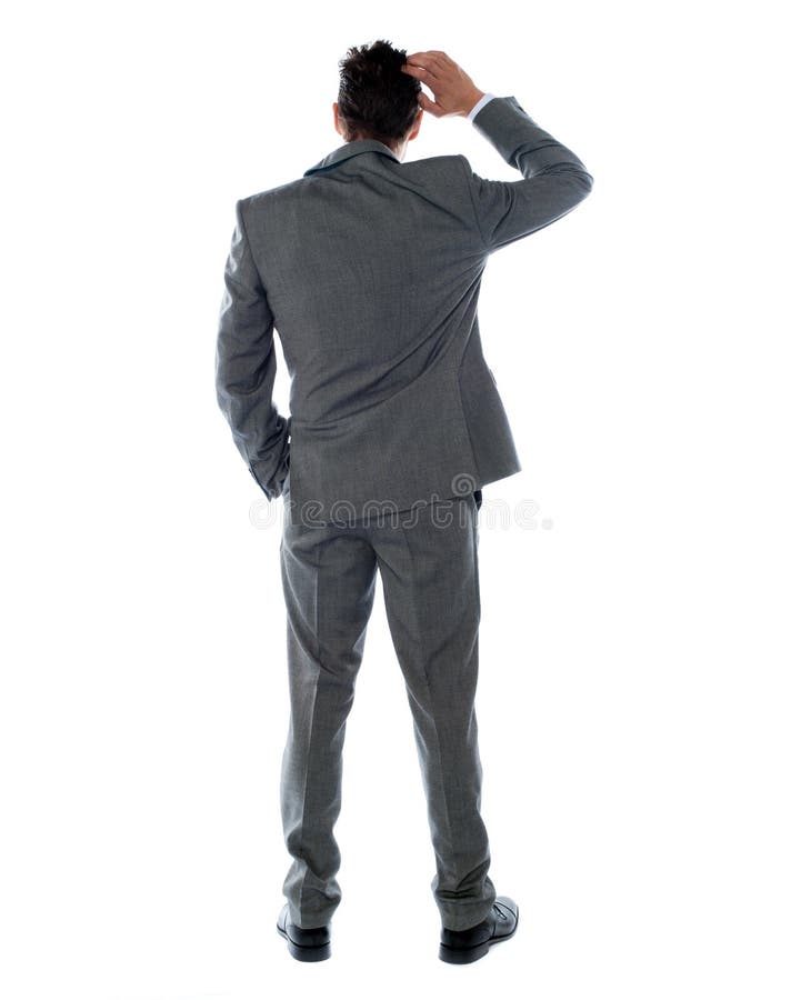 Back-pose of a corporate person thinking. Isolated over white background