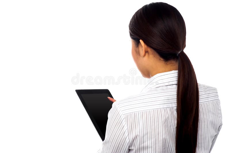 Back Pose Woman Operating Touch Pad Device Stock Photos Free