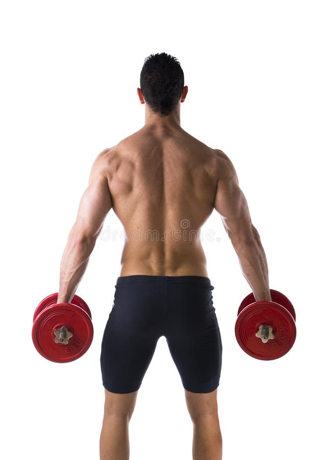 Back of shirtless muscular young man holding dumbbells