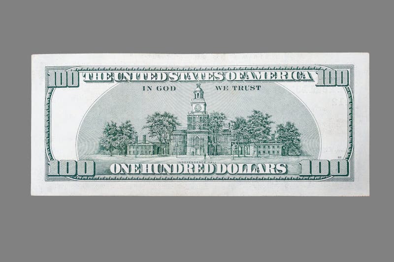 Back side of a hundred dollar bill usa on isolated gray background