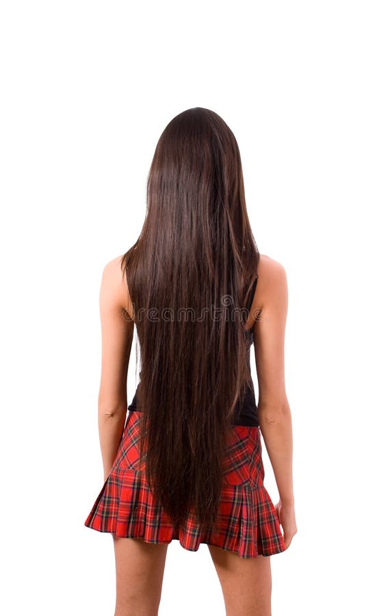 Back of slim brunette female with long hair