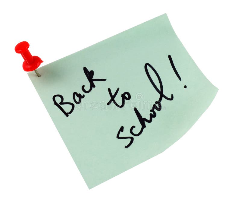 Post it note that reads Back to School and a pin, isolated in white background.