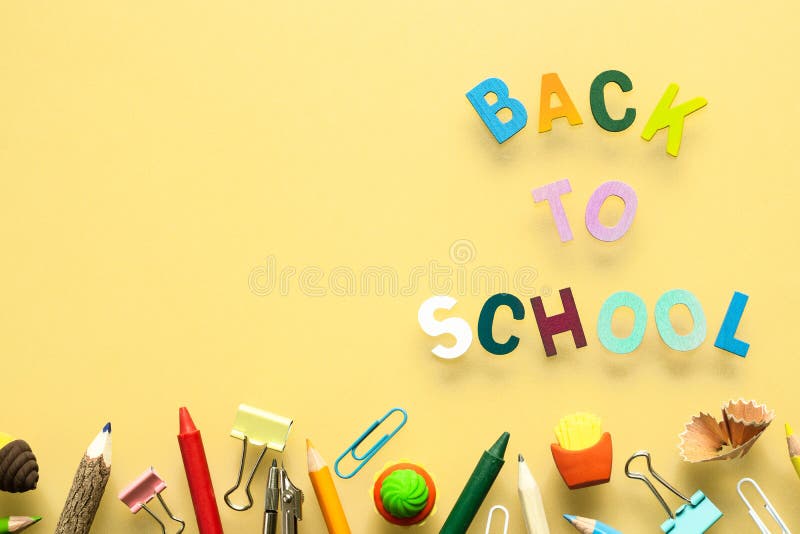 Back To School Background Concept Back To School Wood Text Arrange On Yellow Background With School Supplies Stationery Stock Image Image Of Frame Classroom
