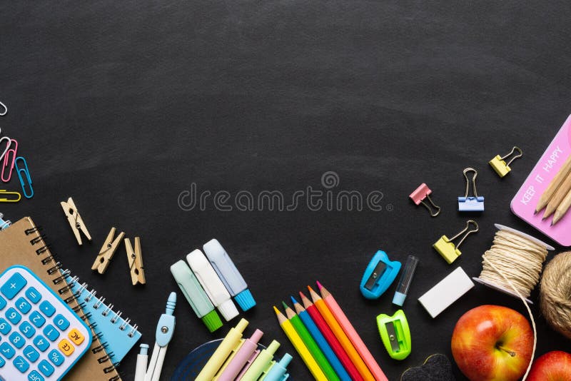 Education, Concept Back To School. School Supplies Border Banner Front of  Chalkboard and Pencils in a Steel Box on Wood Table, Sta Stock Image -  Image of educational, idea: 161432669