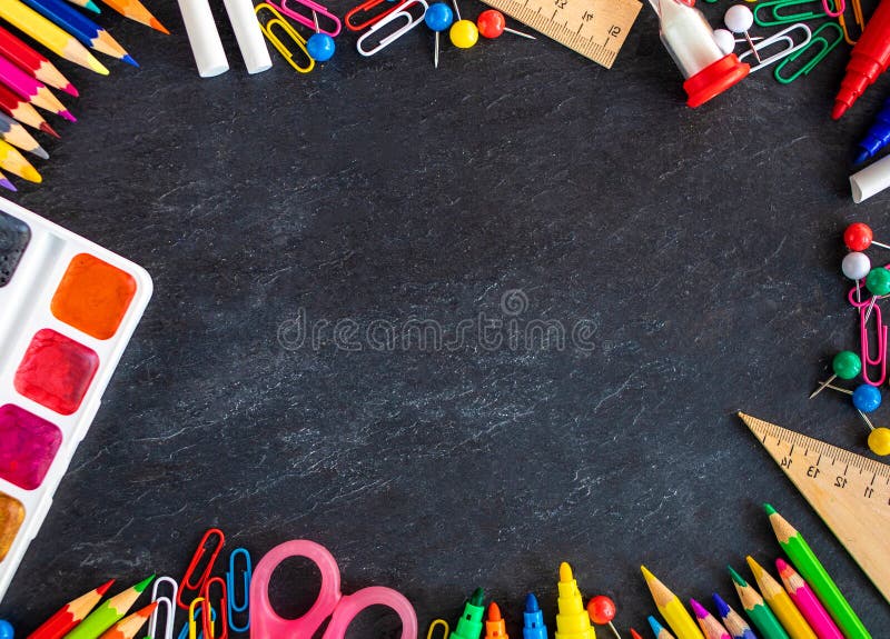 Back To School Background. School Supplies on Black Chalk Board Stock Image  - Image of copyspace, learning: 124086843