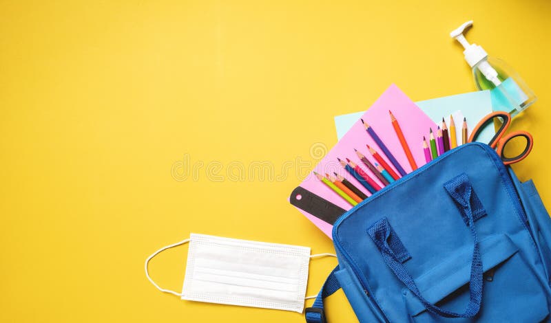 Back to school. Banner backpack with school supplies. Top view and space for text. Open school concept royalty free stock photography